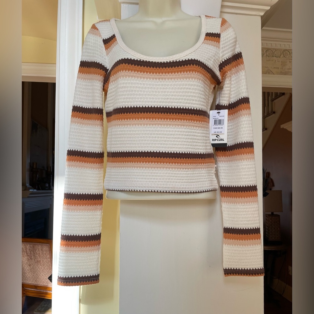 New With Tag Rip Curl cream brown copper & tan striped long sleeve top Sz Sm